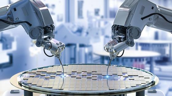 Product development testing methodologies in robotics. Robots fixing chips on a wafer.